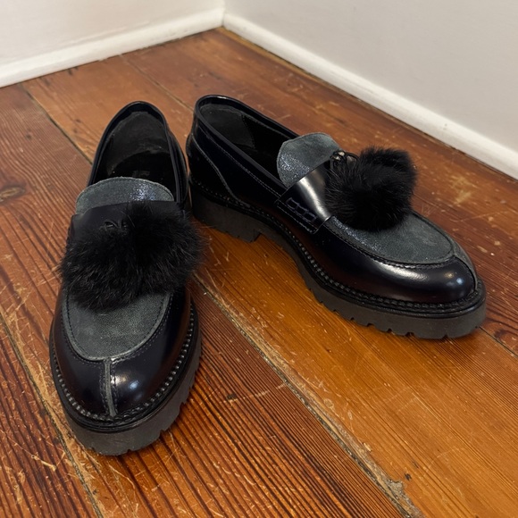 PHIL GATiÉR by REPO Shoes - PHIL GATIÉR by REPO Patent Leather Lug Sole Loafers Pom Poms Blue Black 36 5.5